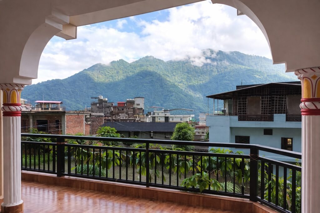 Mountain scenery viewed from a balcony at Om Homestay in Tapovan, Rishikesh